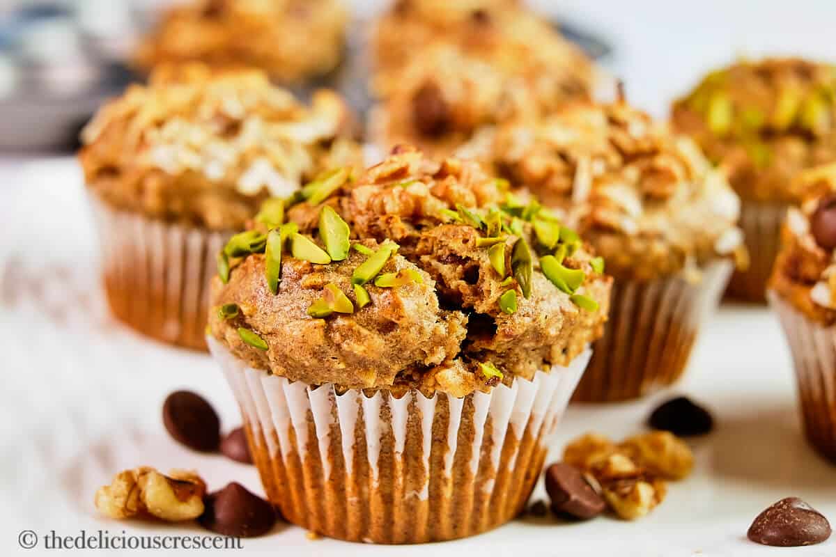 Healthy banana muffins arranged on a plate.