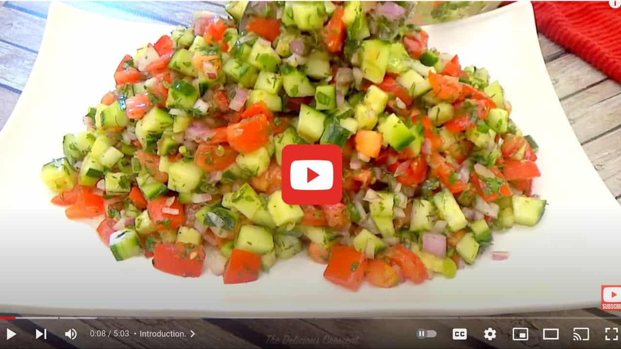 Shirazi salad (cucumber tomato onion salad) YouTube video image.