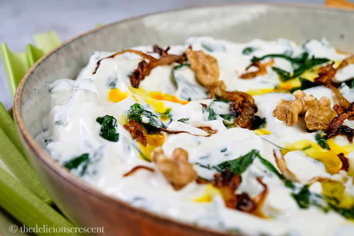 Persian spinach borani served in a bowl.