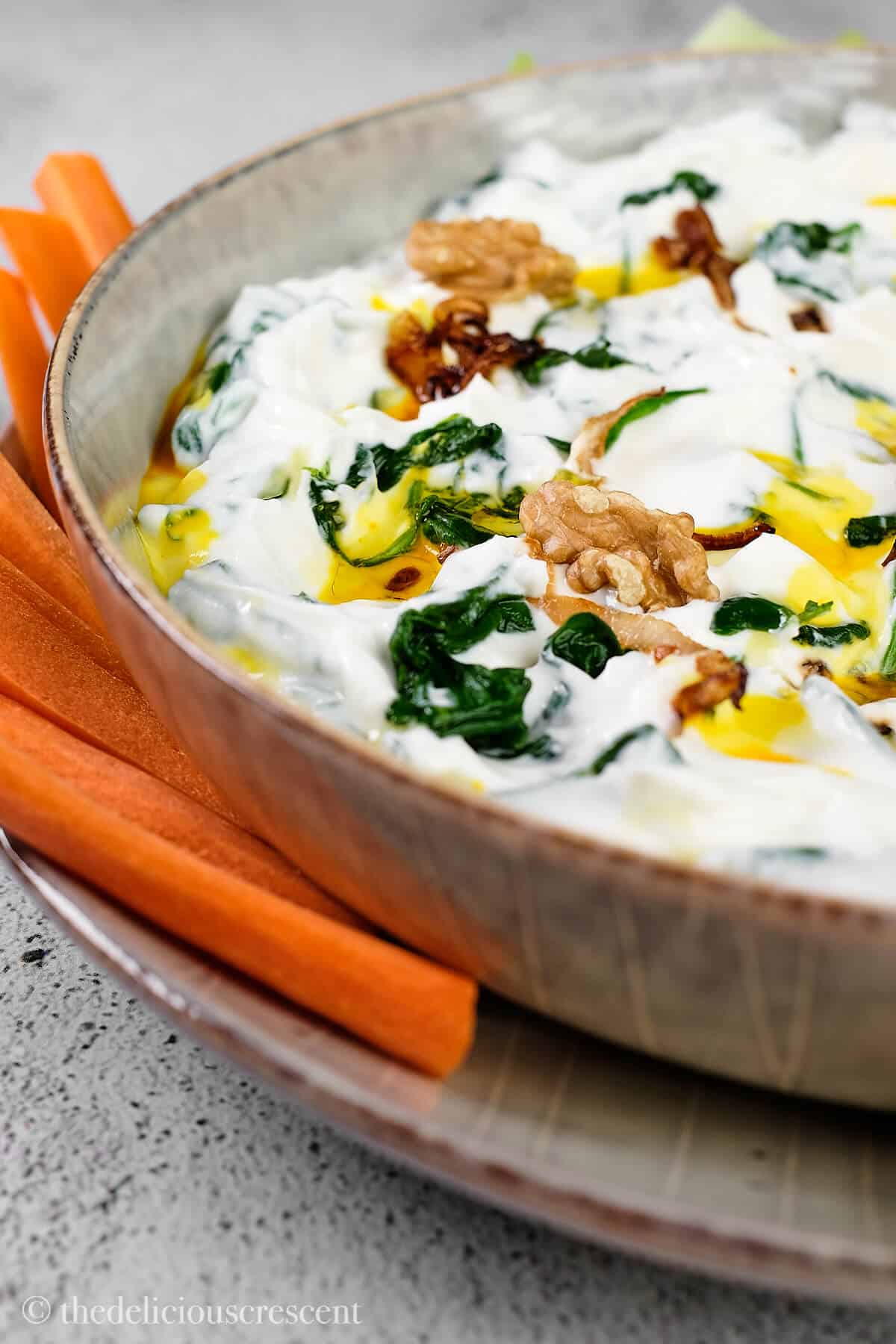 Creamy spinach appetizer with veggies around it.