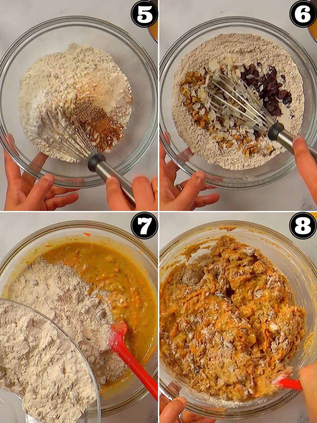Combining all the dry ingredients and then mixing with wet ingredients.