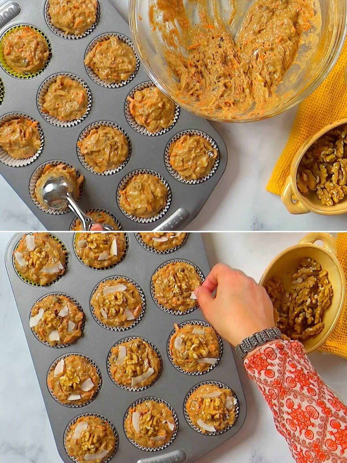 Filling the muffin pan with batter and adding the toppings.