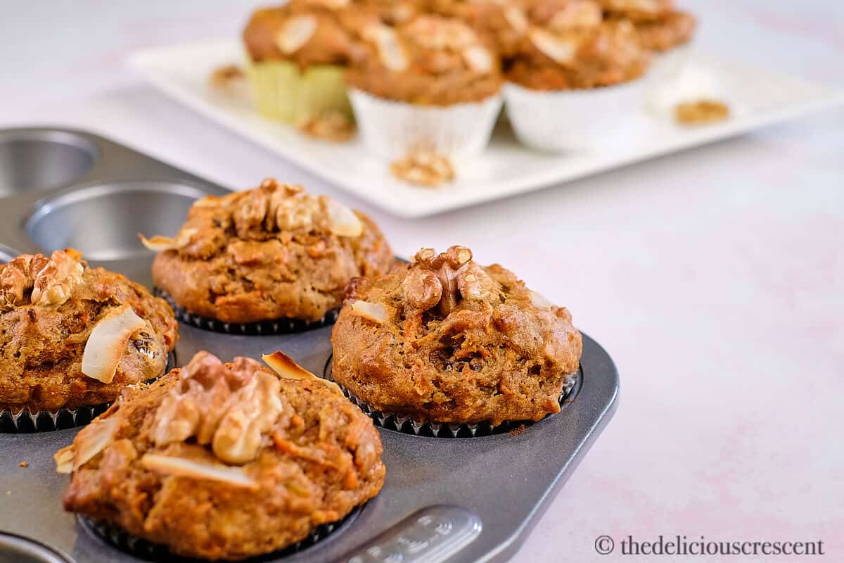 Carrot muffins in the baking pan.