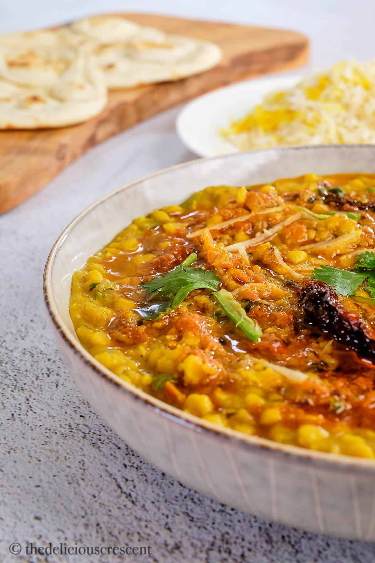 Close up view of Indian split chickpea curry.