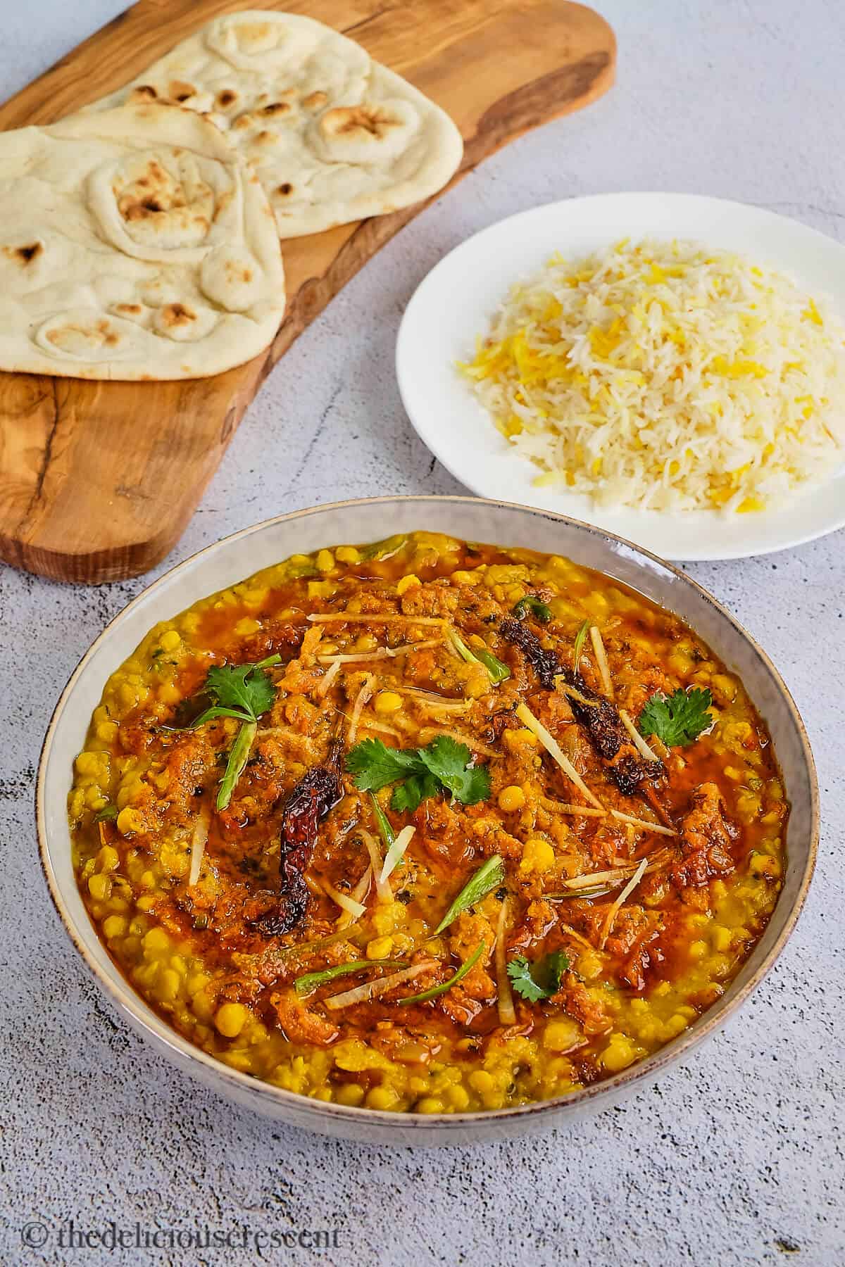 Chana dal served with rice and naan.