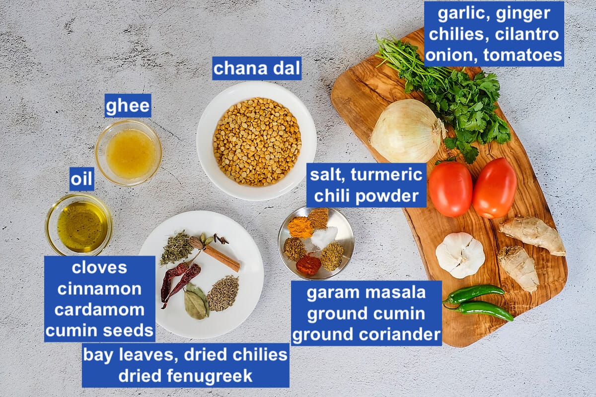 Ingredients for cooking Indian split chickpea curry.