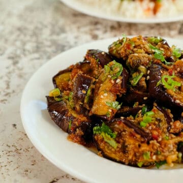Close up view of eggplant roasted in Asian style and served.