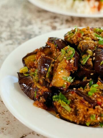 Close up view of eggplant roasted in Asian style and served.