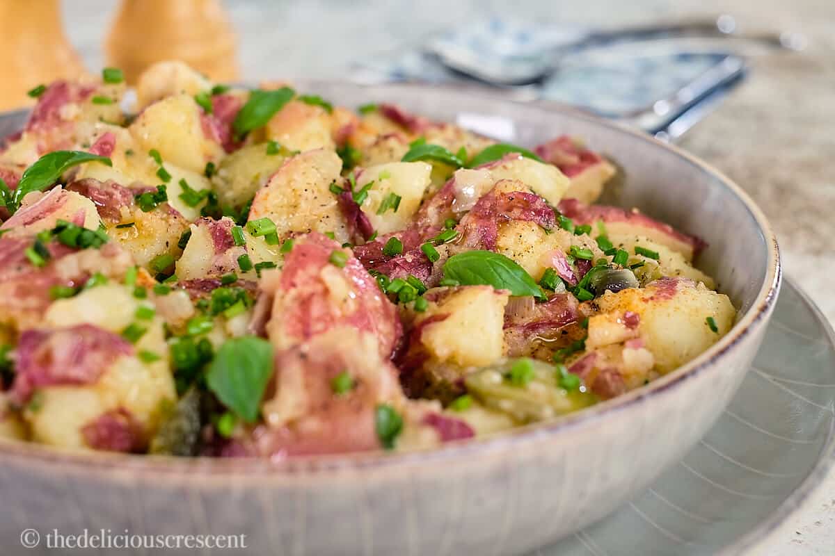 Side view of german potato salad without bacon.