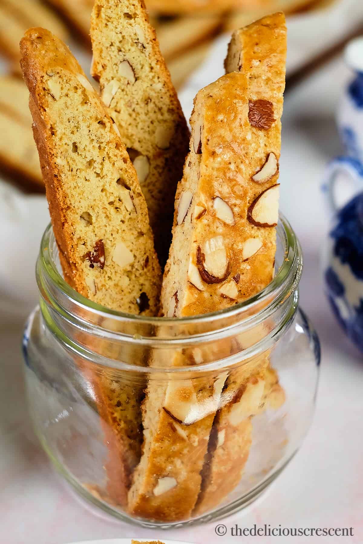 Almond biscotti in a cookie jar.