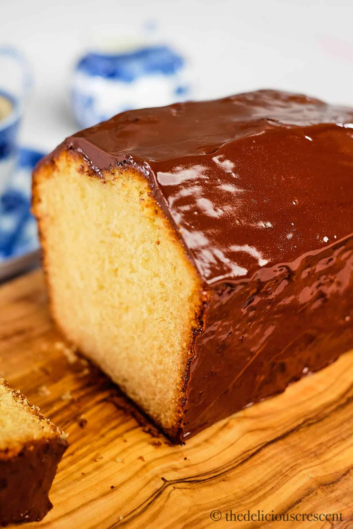 Loaf cake covered with chocolate.