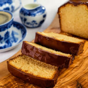 Close up view of almond pound cake slices.