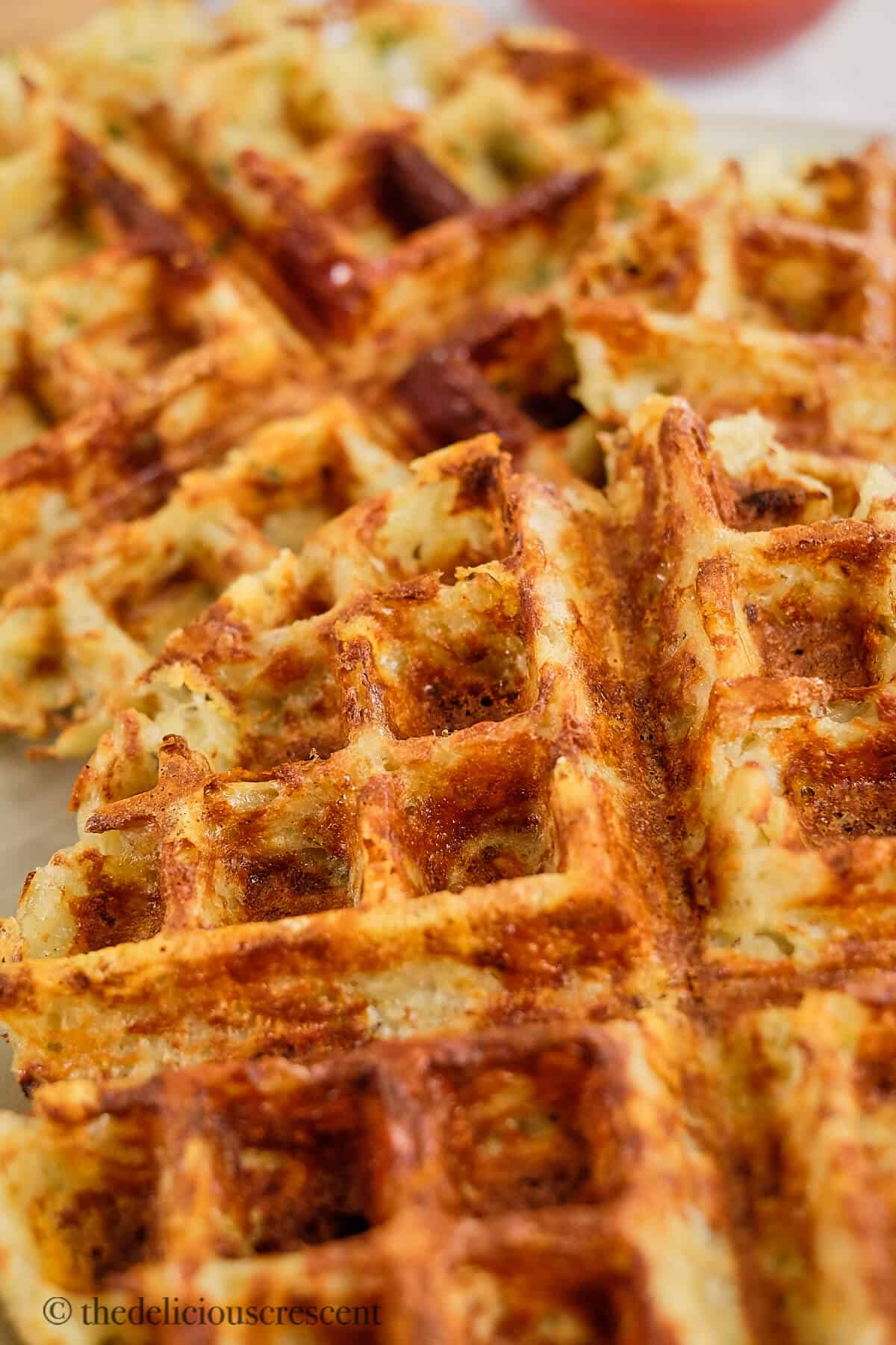 Close up view of potato waffles.