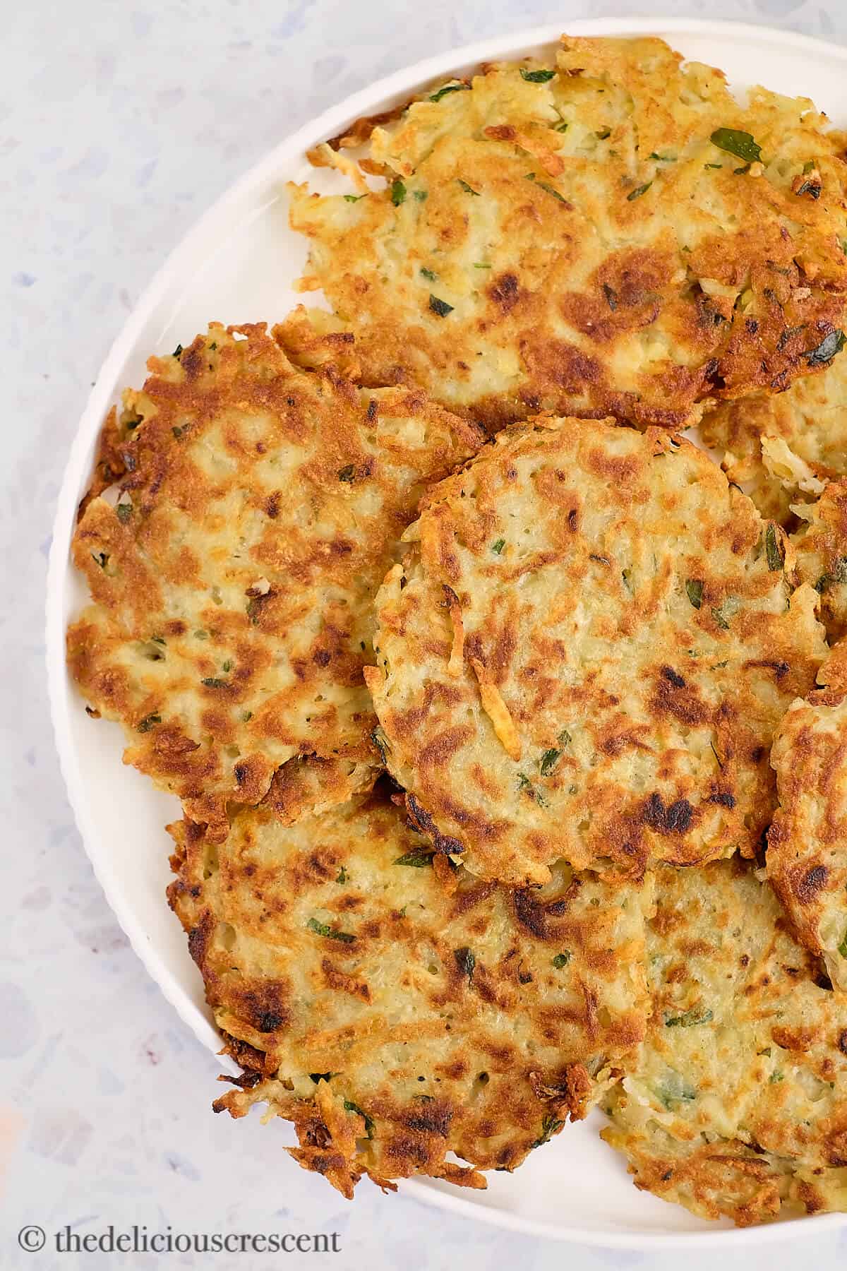 Overhead view of German potato pancakes.