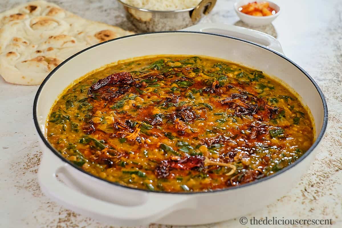 Spinach dal served on the table.