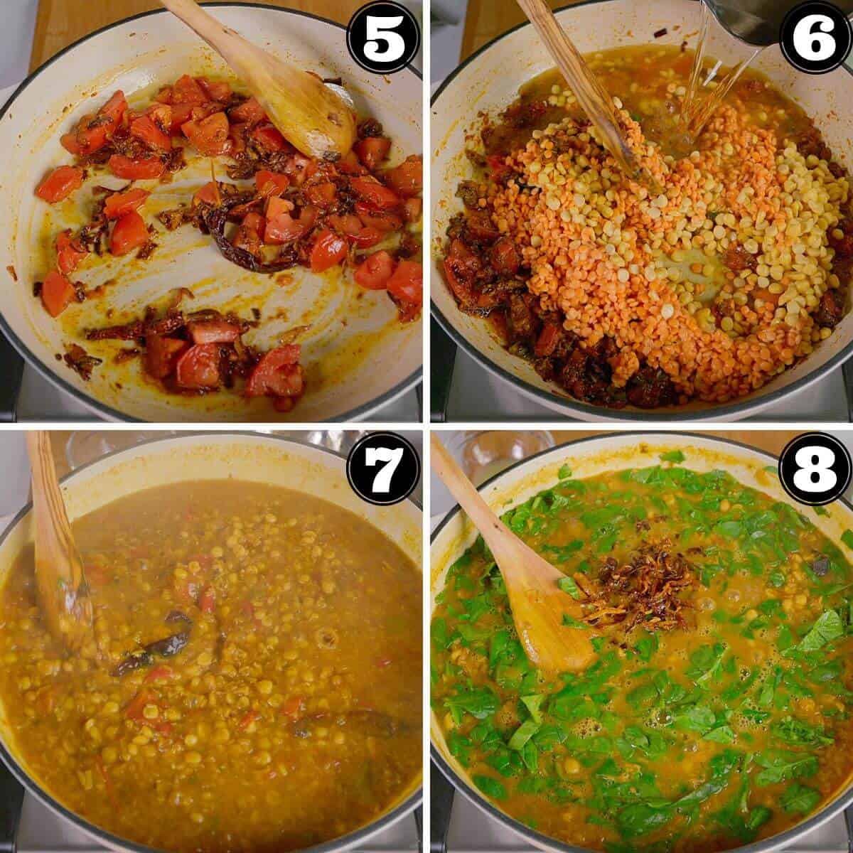 Adding dals to the tadka base and cooking with spinach.