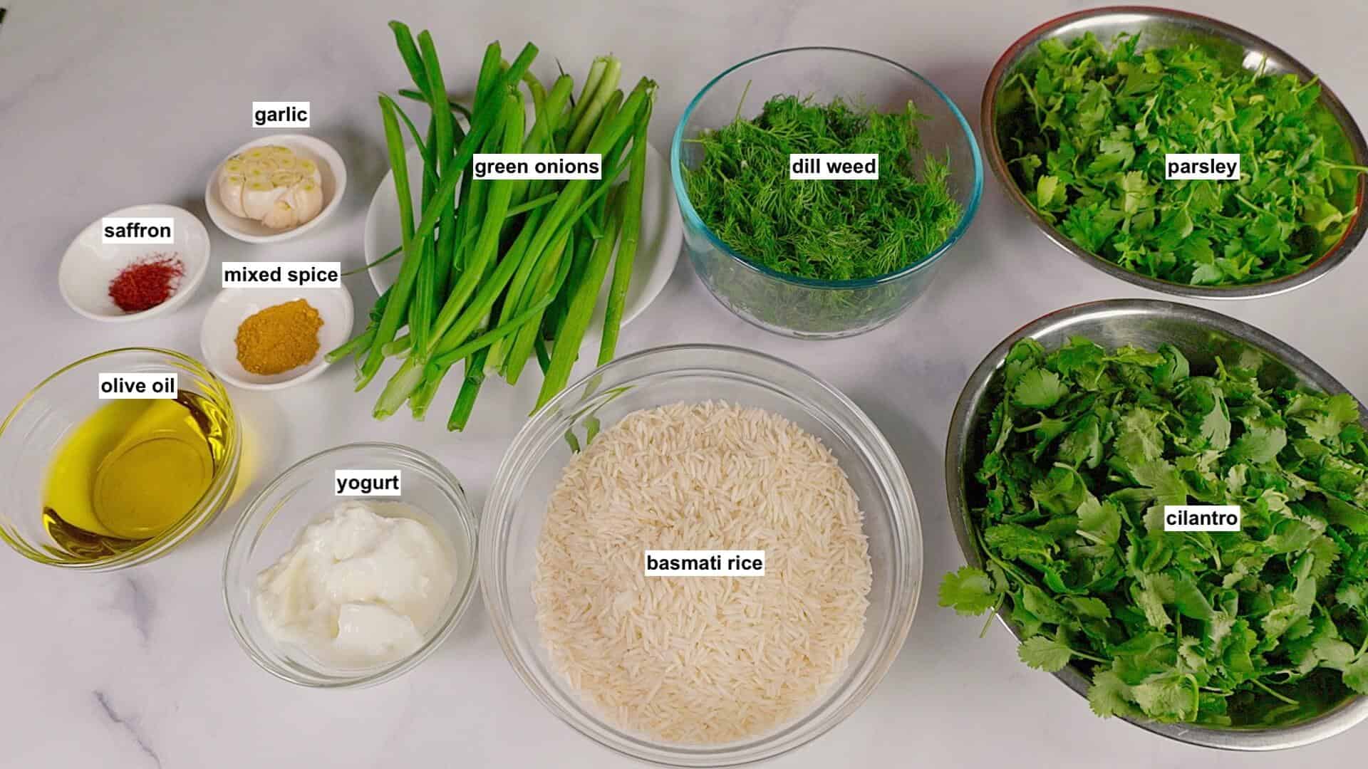 Ingredients needed for making the sabzi polo.