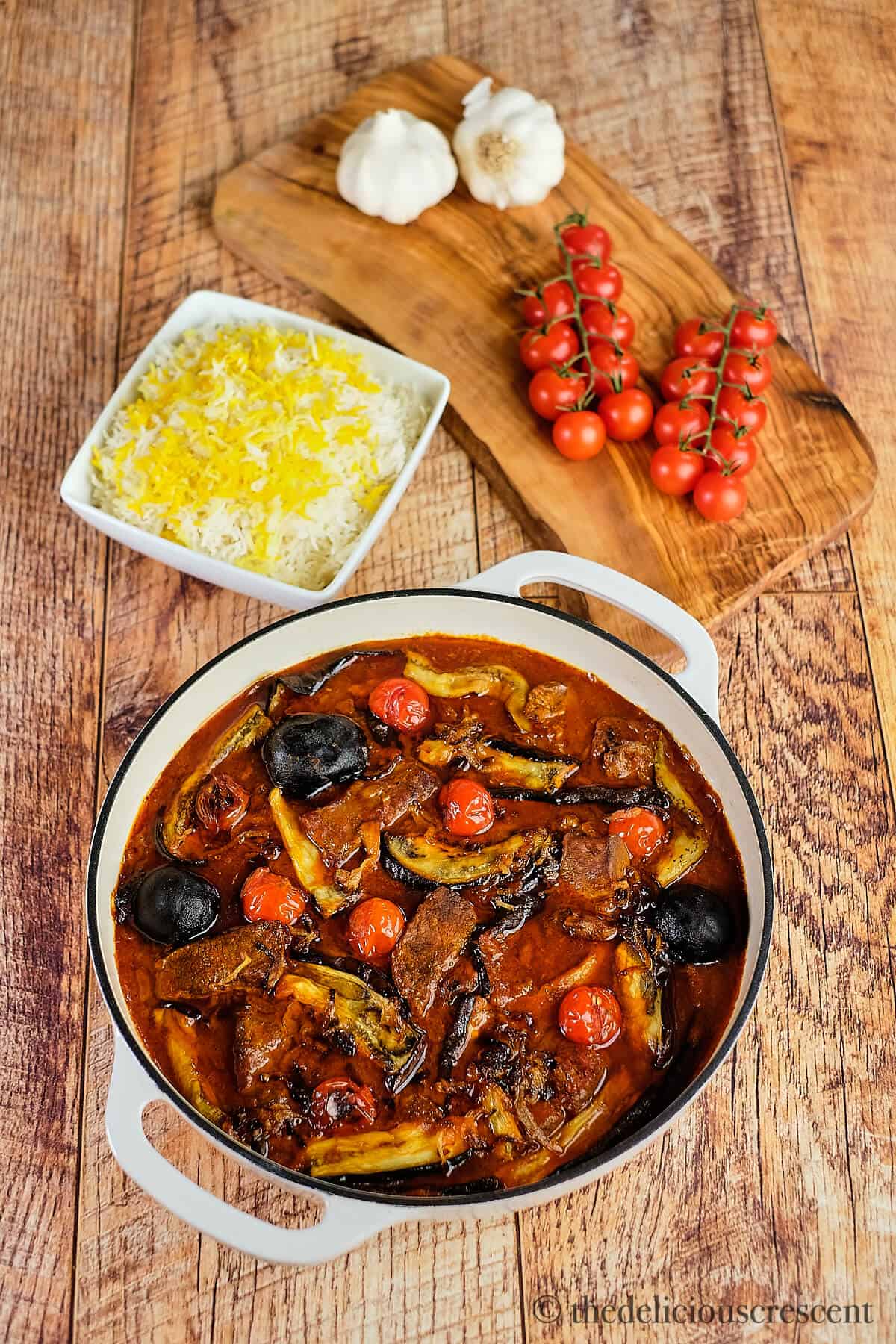 Persian eggplant stew served with saffron rice.