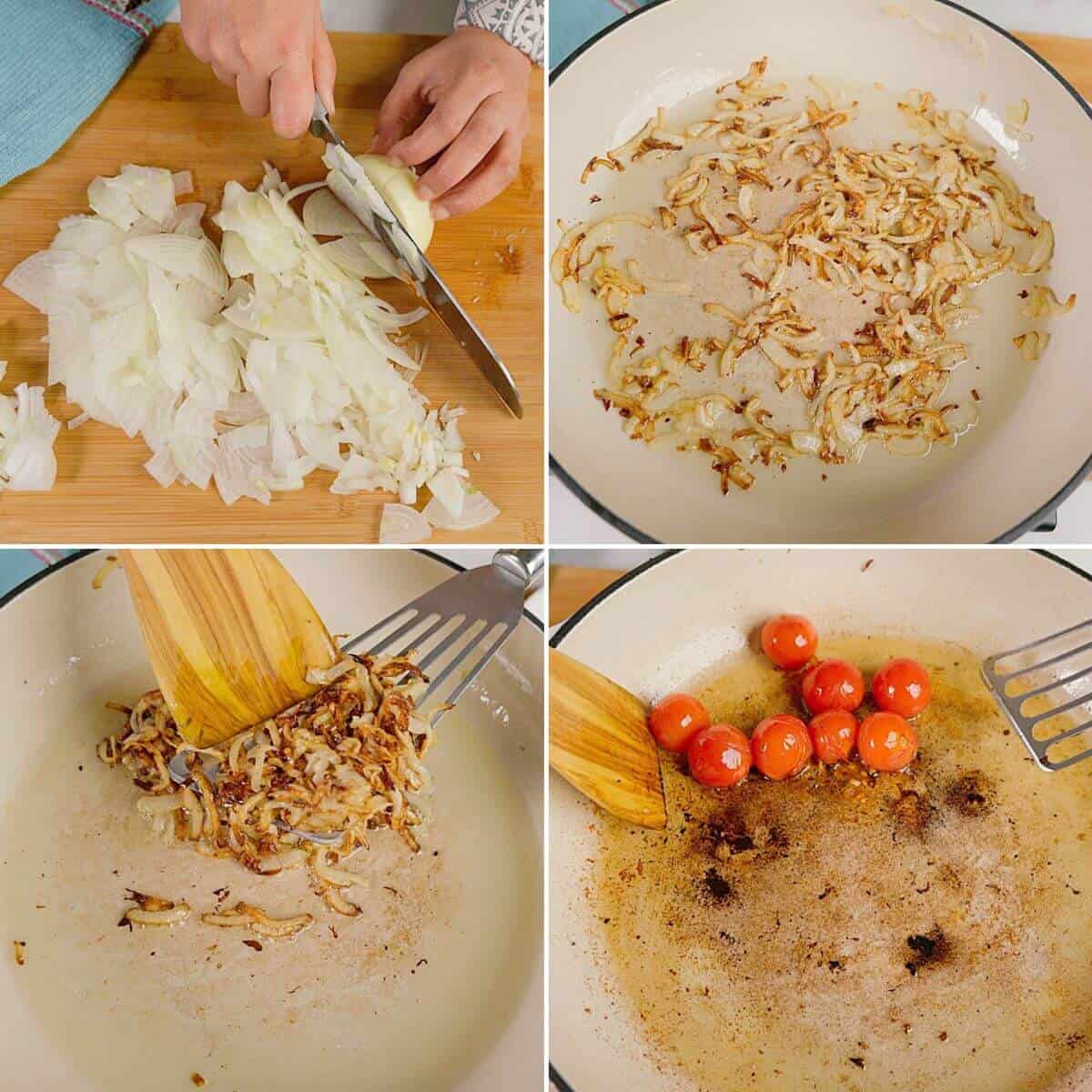 Frying onions and searing tomatoes.