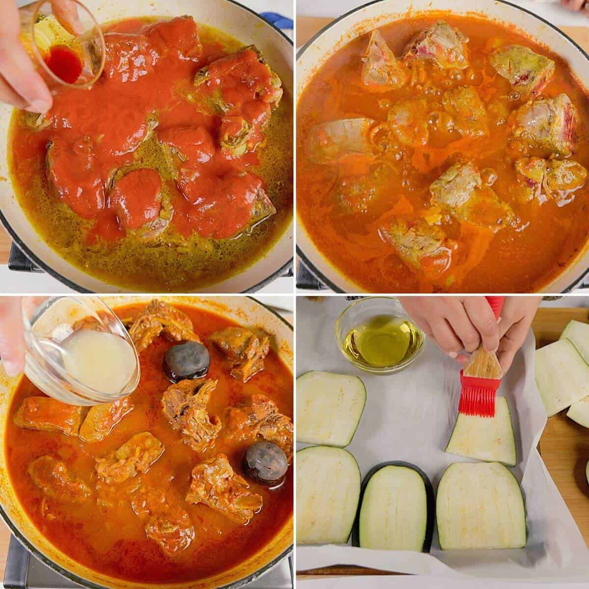 Adding tomato sauce, cooking the stew and preparing the eggplant.