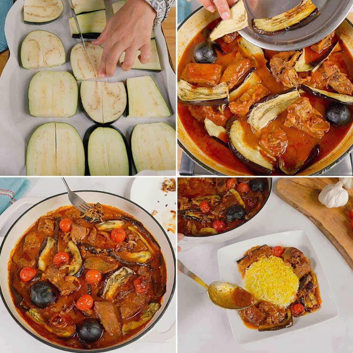 Cooking stew with roasted eggplant and serving.