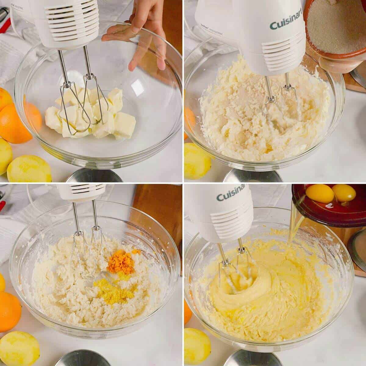 Beating the butter with sugar, zest and eggs.