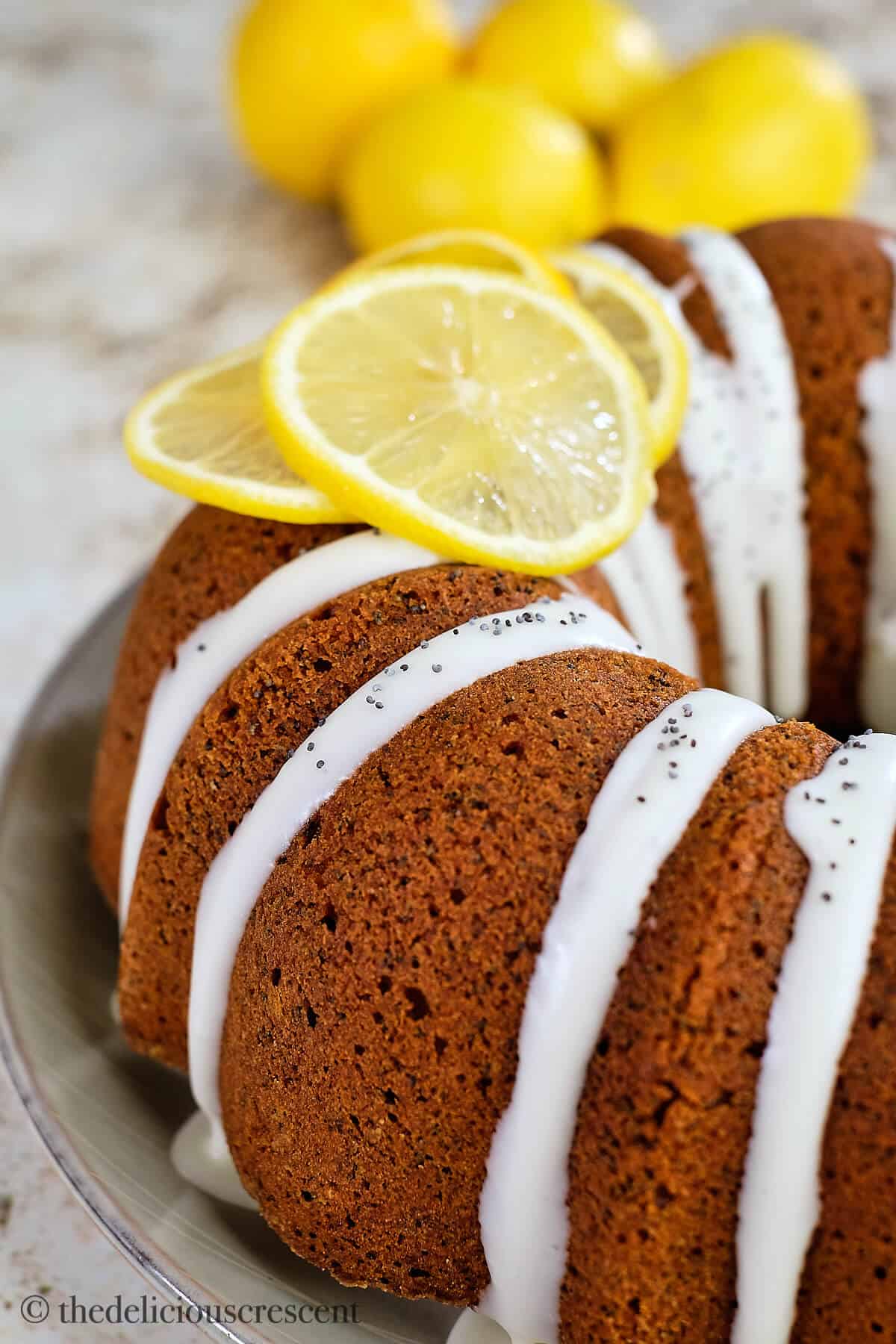 Lemon slices arranged on top of the bundt cake.