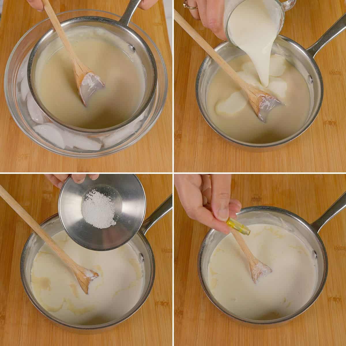 Adding cream and other ingredients to cooled custard.