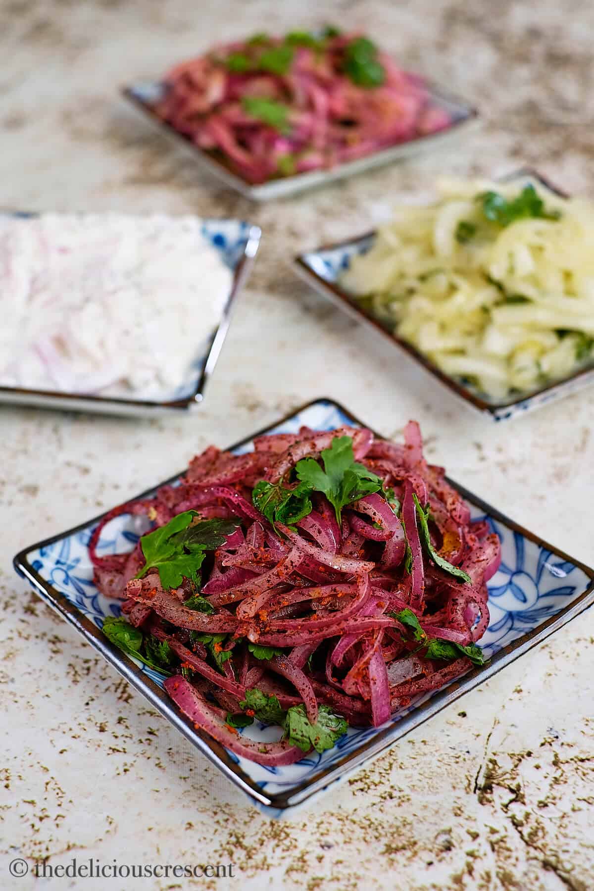 Four different types of onion salads served on a table.