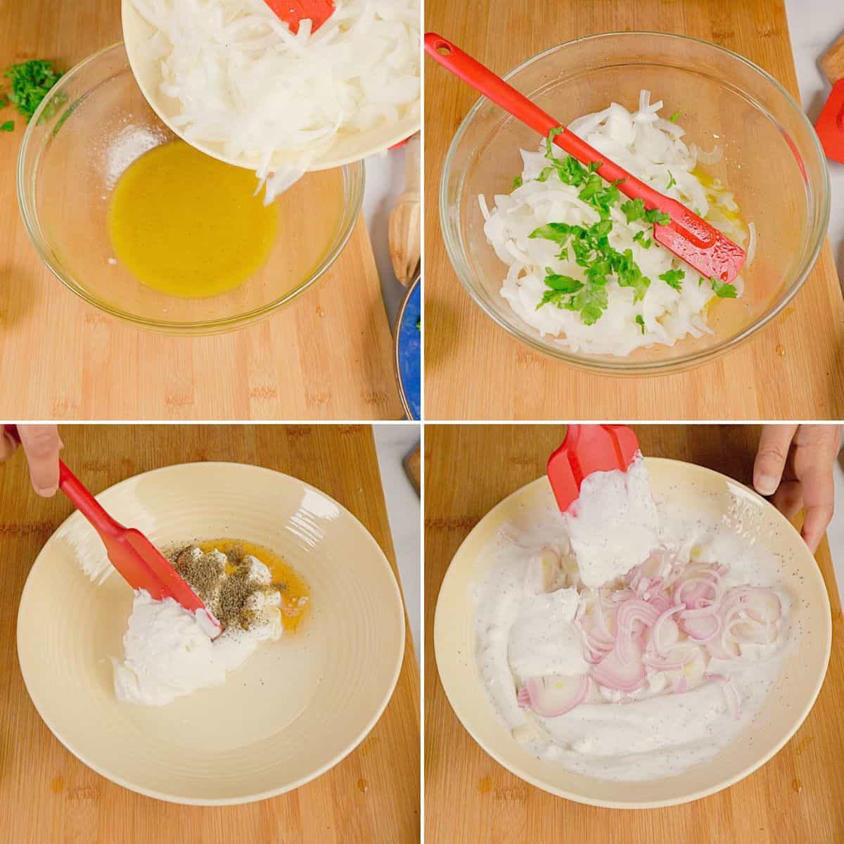 Steps in making the vinegar based and creamy salads.