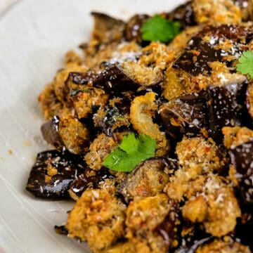 Close up view of spicy eggplant side dish served in a white plate.