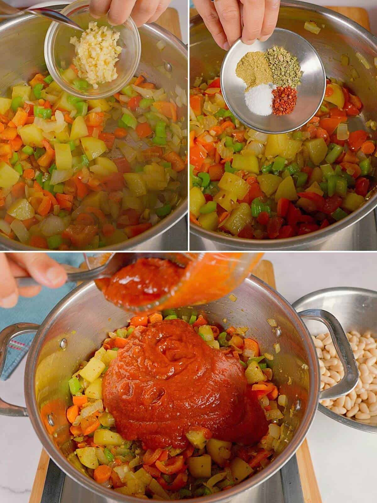 Adding aromatics and tomatoes.