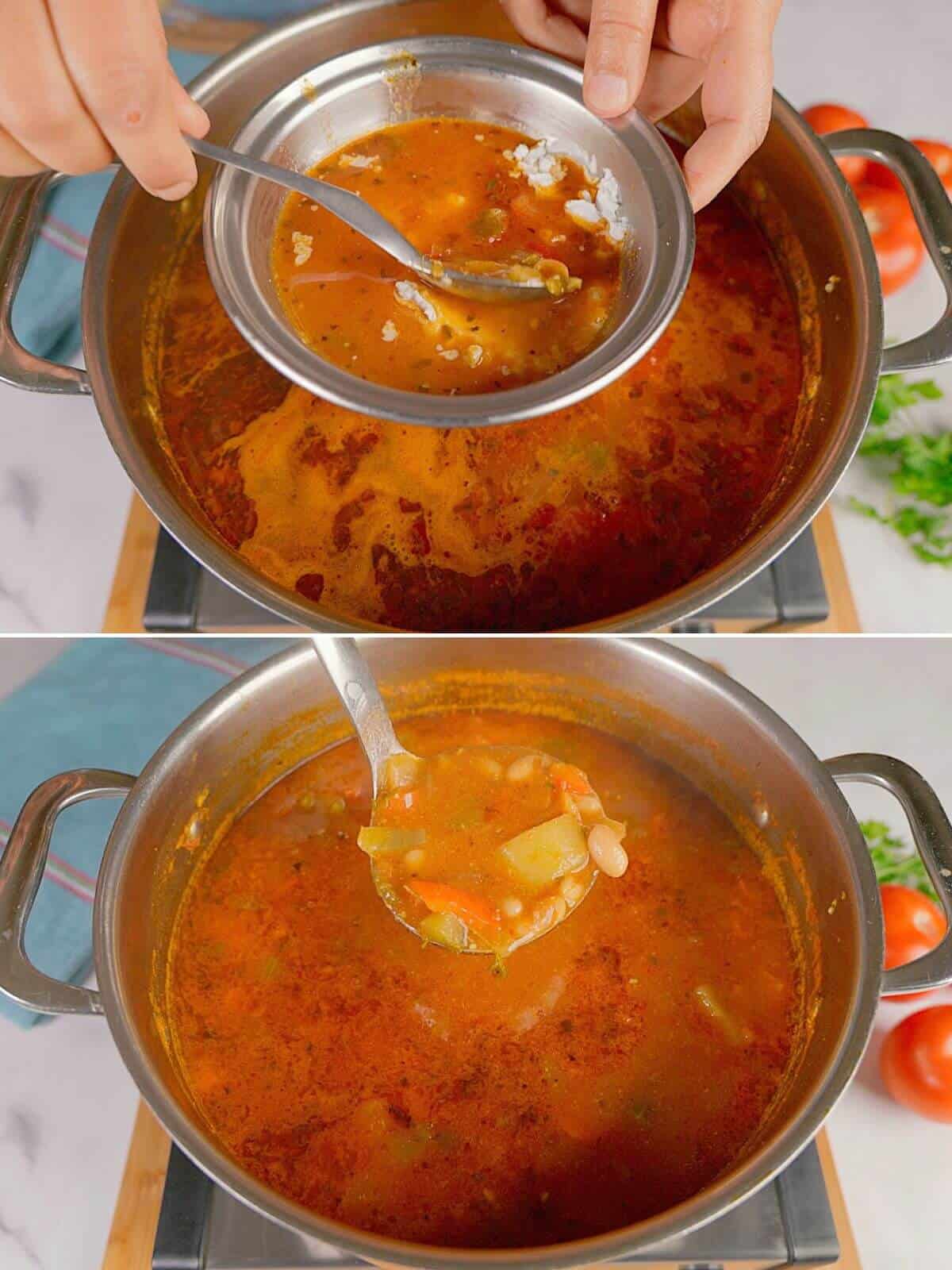 Thickening the soup with corn starch.