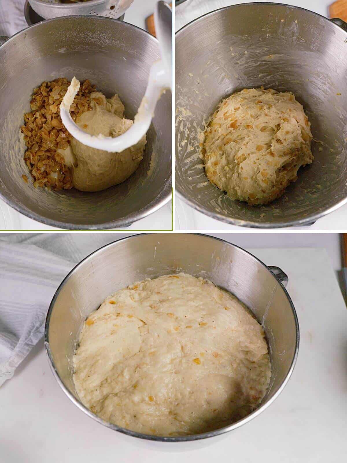 Mixing cooked onions into the dough.