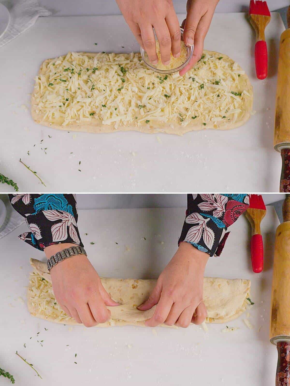 Topping with cheese and folding over.