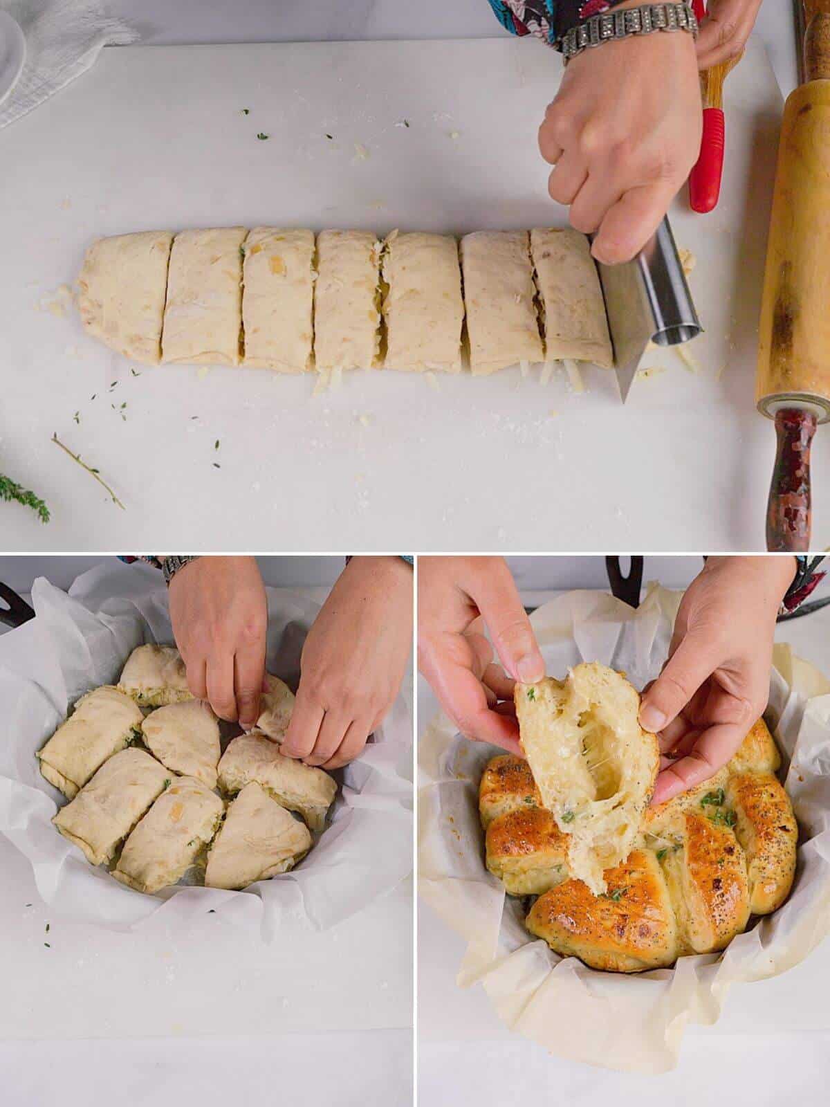 Cutting out portions of dough and baking.