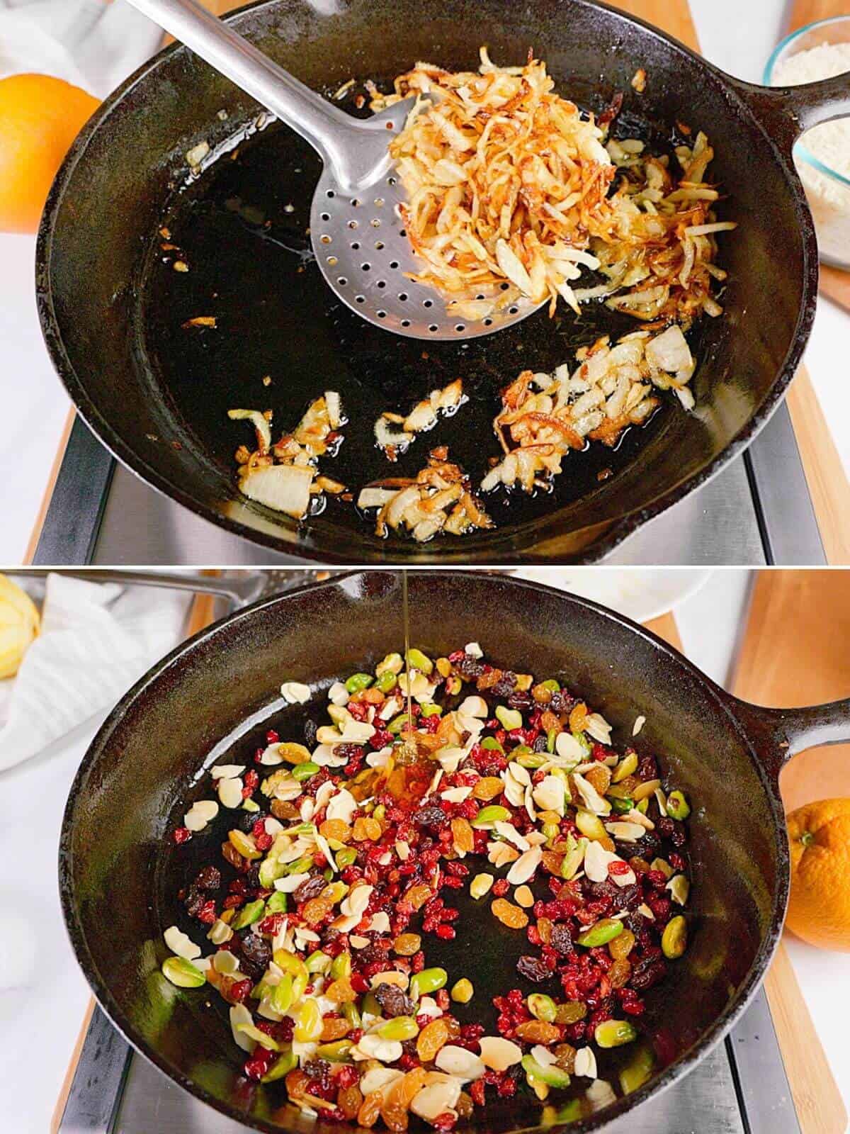 Frying onions and dried fruit-nut mixture.
