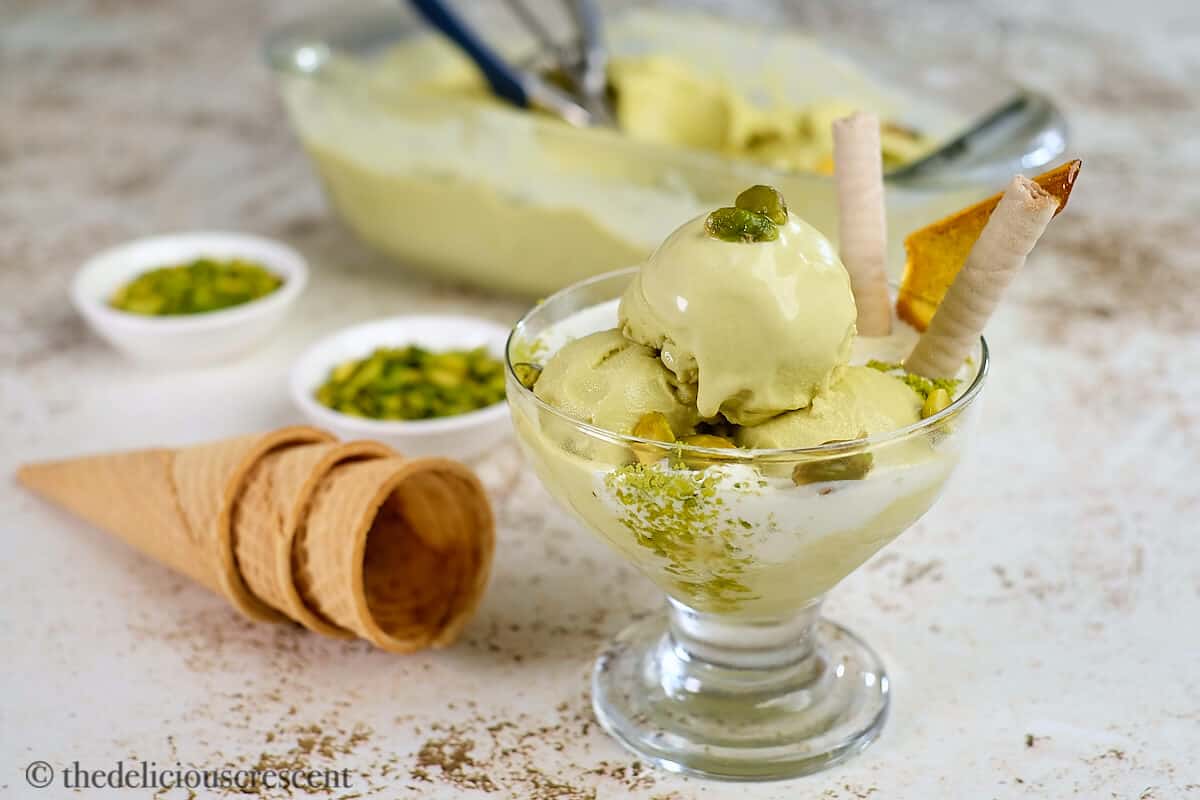 Pistachio gelato served on the table.