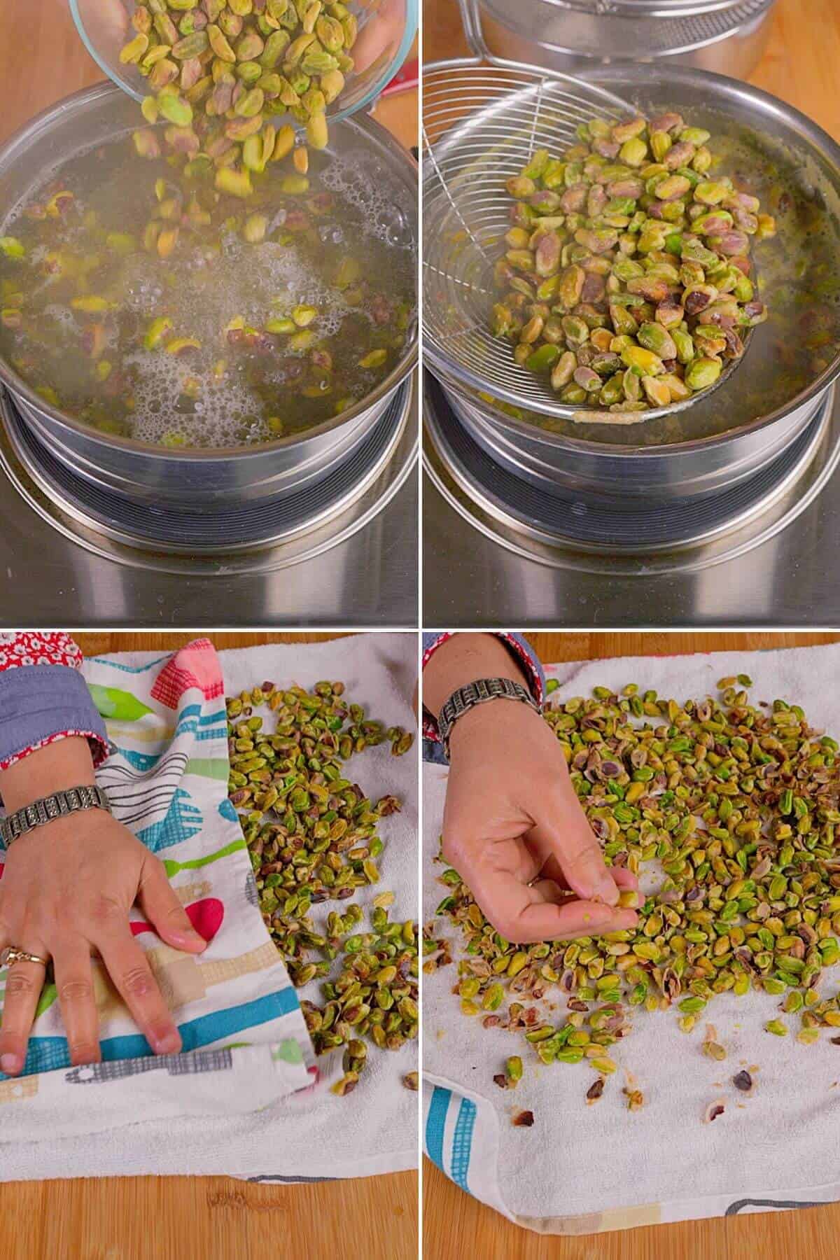Blanching and peeling pistachios.
