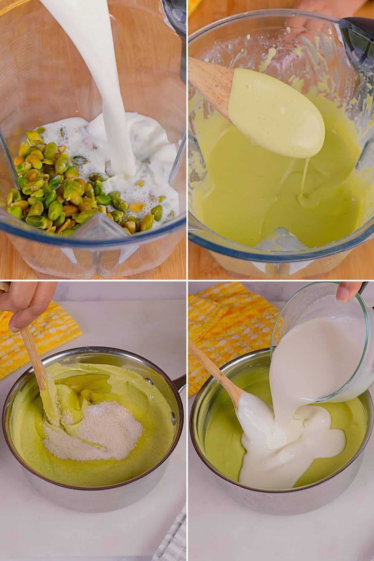 Blending pistachios and making the gelato base.