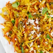 Close view of Indian cabbage recipe prepared in the oven and served.