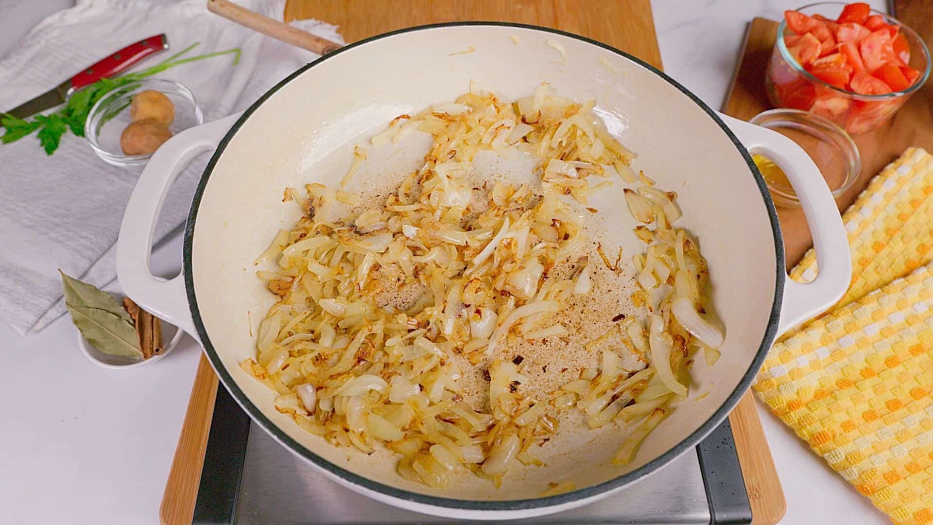Sauteeing onions for the recipe.