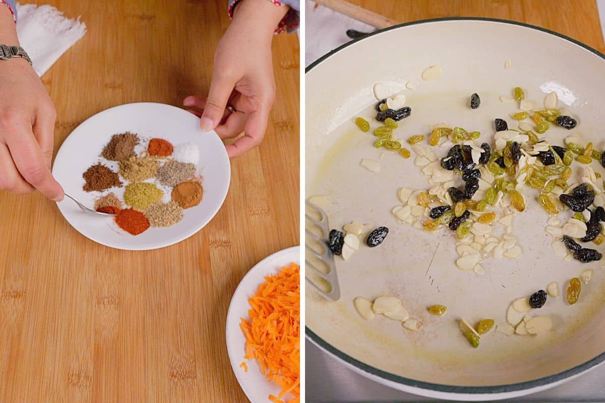 Combining spices and sauteing nuts.
