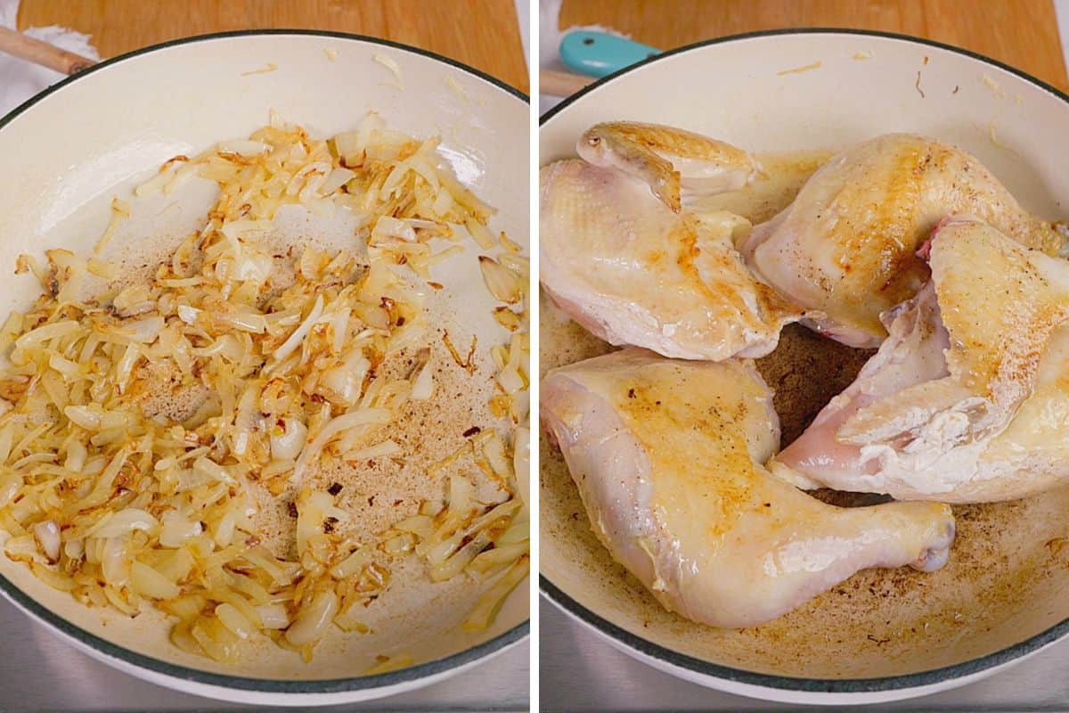 Sauteing onions and searing the chicken.