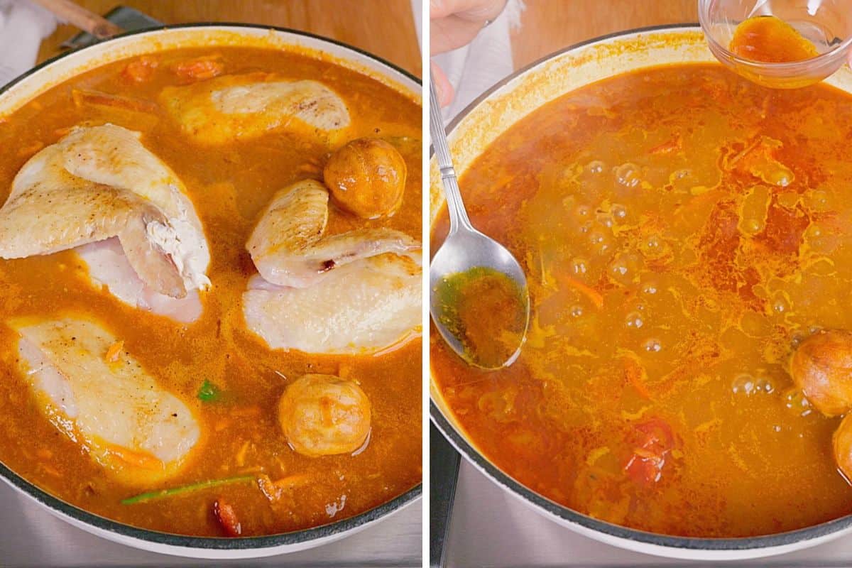 Added chicken to cook. Removed chicken and scooping surface oil.