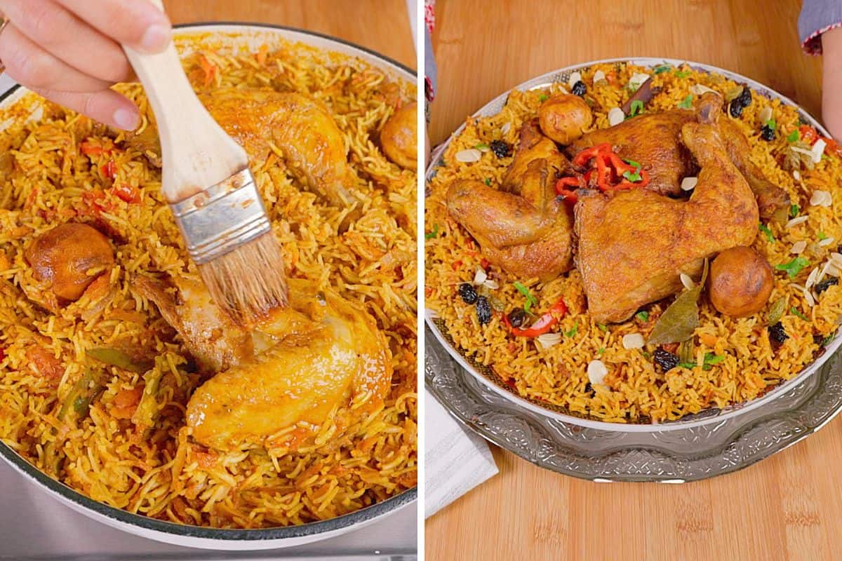 Brushing chicken with oil and browned it to serve on top of rice.