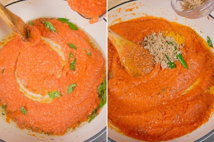 Tempering and seasoning the sauce.