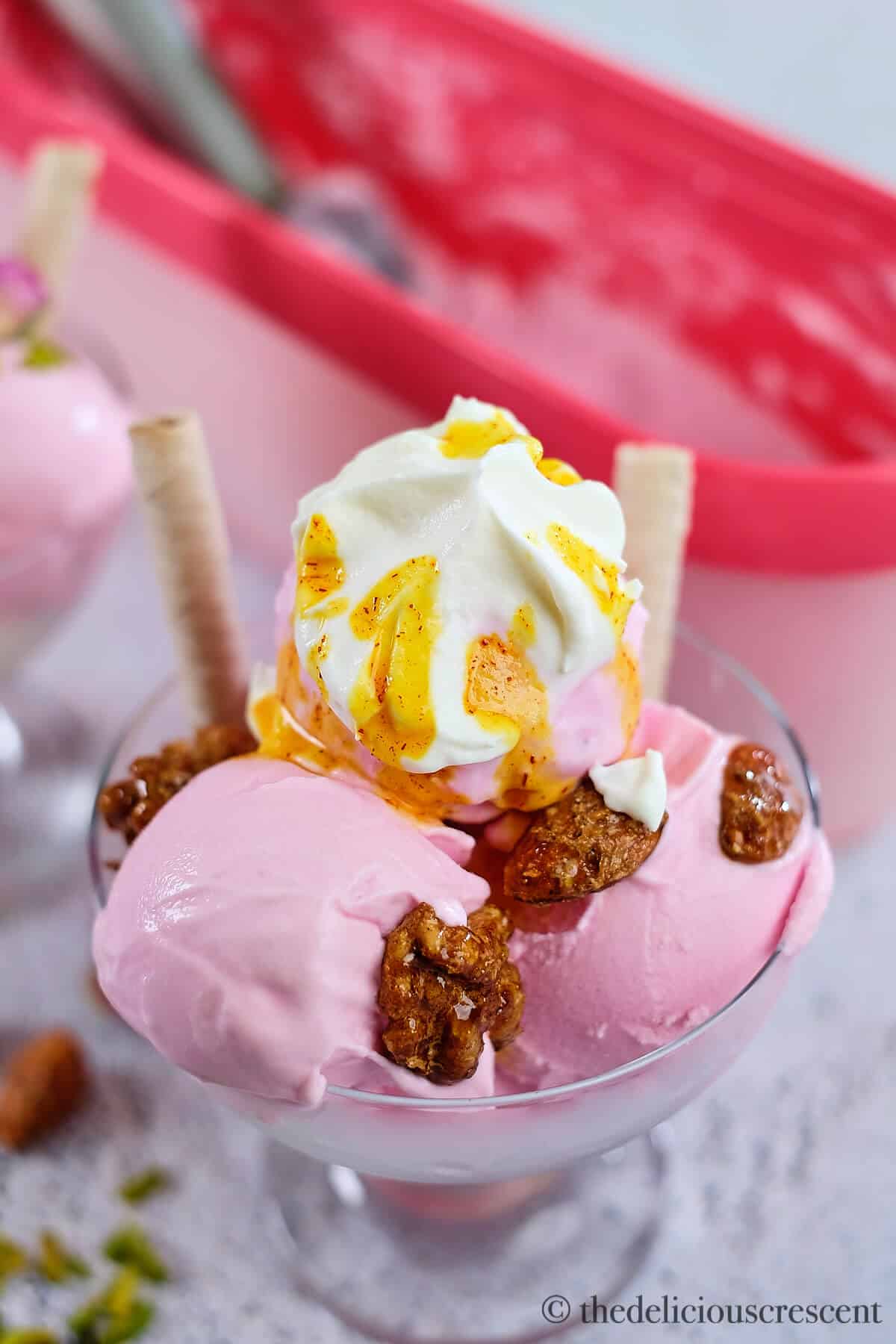 Saffron honey drizzled on rose water ice cream.