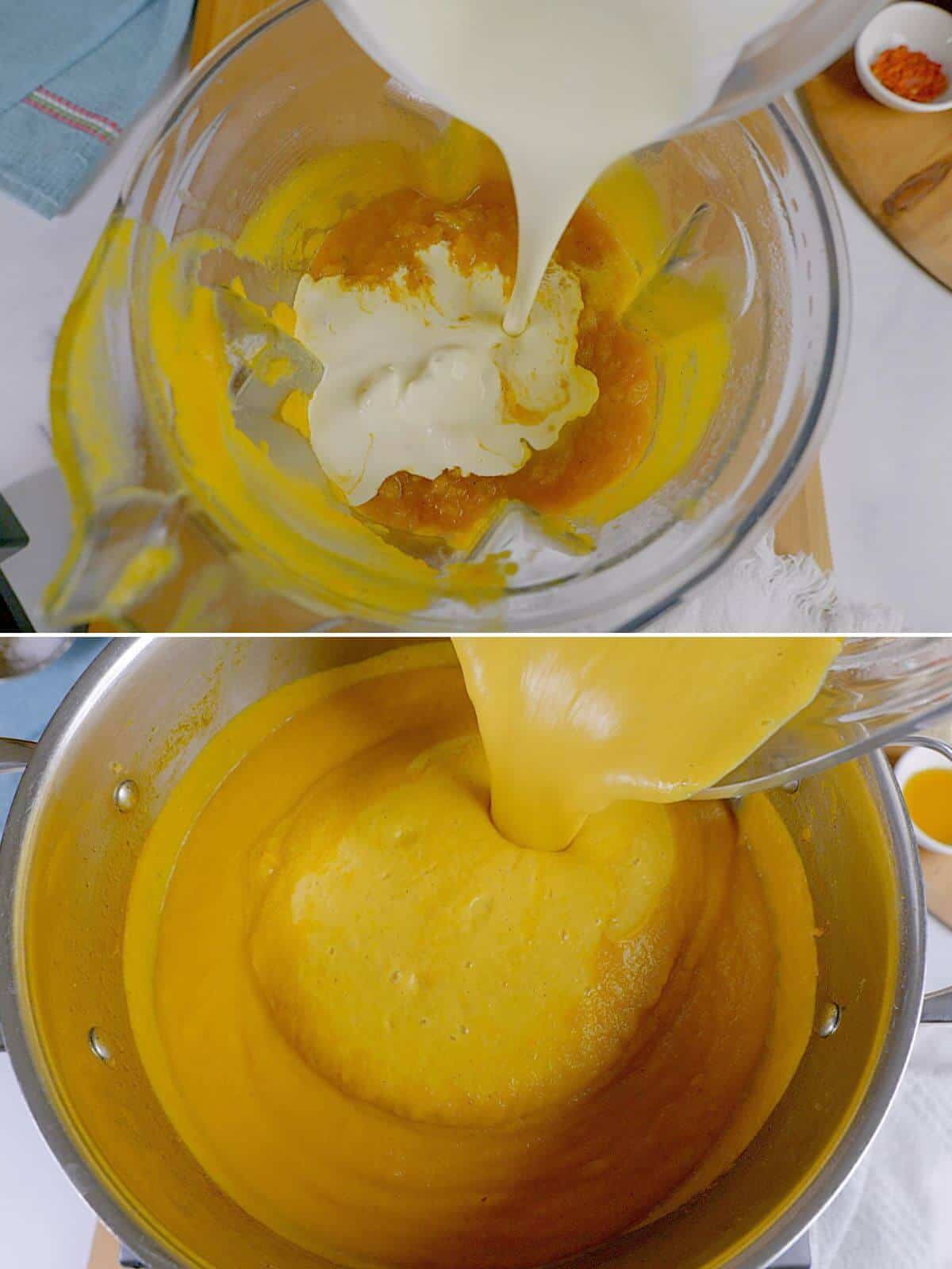 Blending creamy ingredients and adding it to pot.