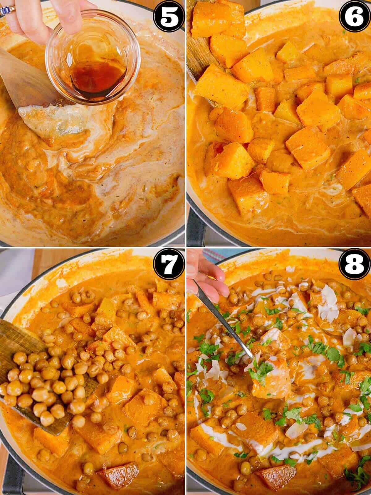 Adding pumpkin, chickpeas and garnish.